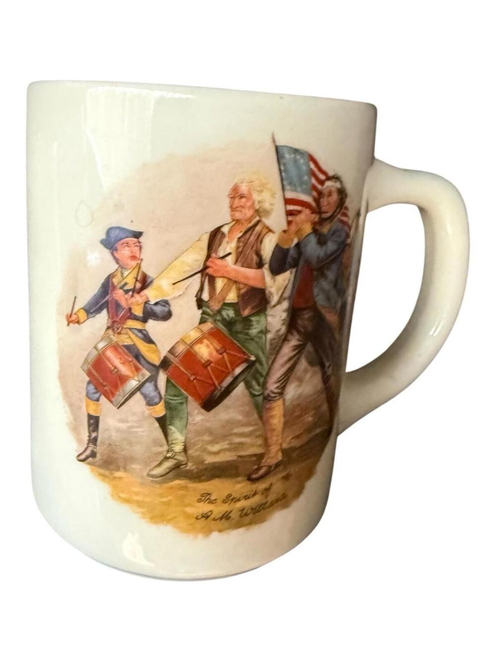Vintage Patriotic Coffee Mug Colonial Drummers American Flag Historical Scene